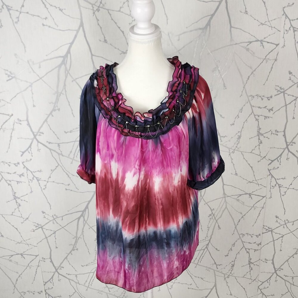 Piano Colorful Tie Dye Chainlink Ruffle Round Neck Top